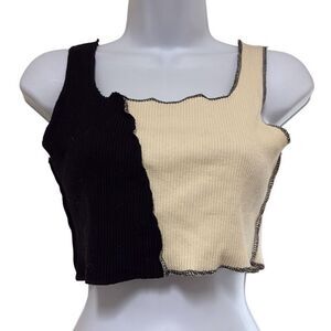 Storets S/M Black White Asymmetrical Colorblock Distressed Ribbed Crop Top
